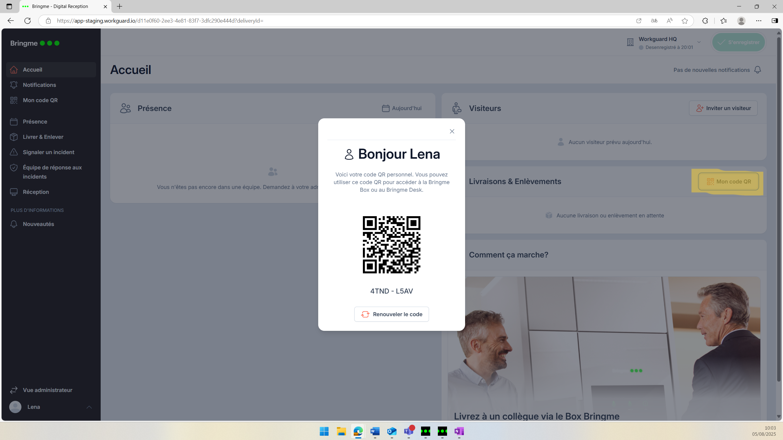 Écran d'accueil de la version web de la Bringme App