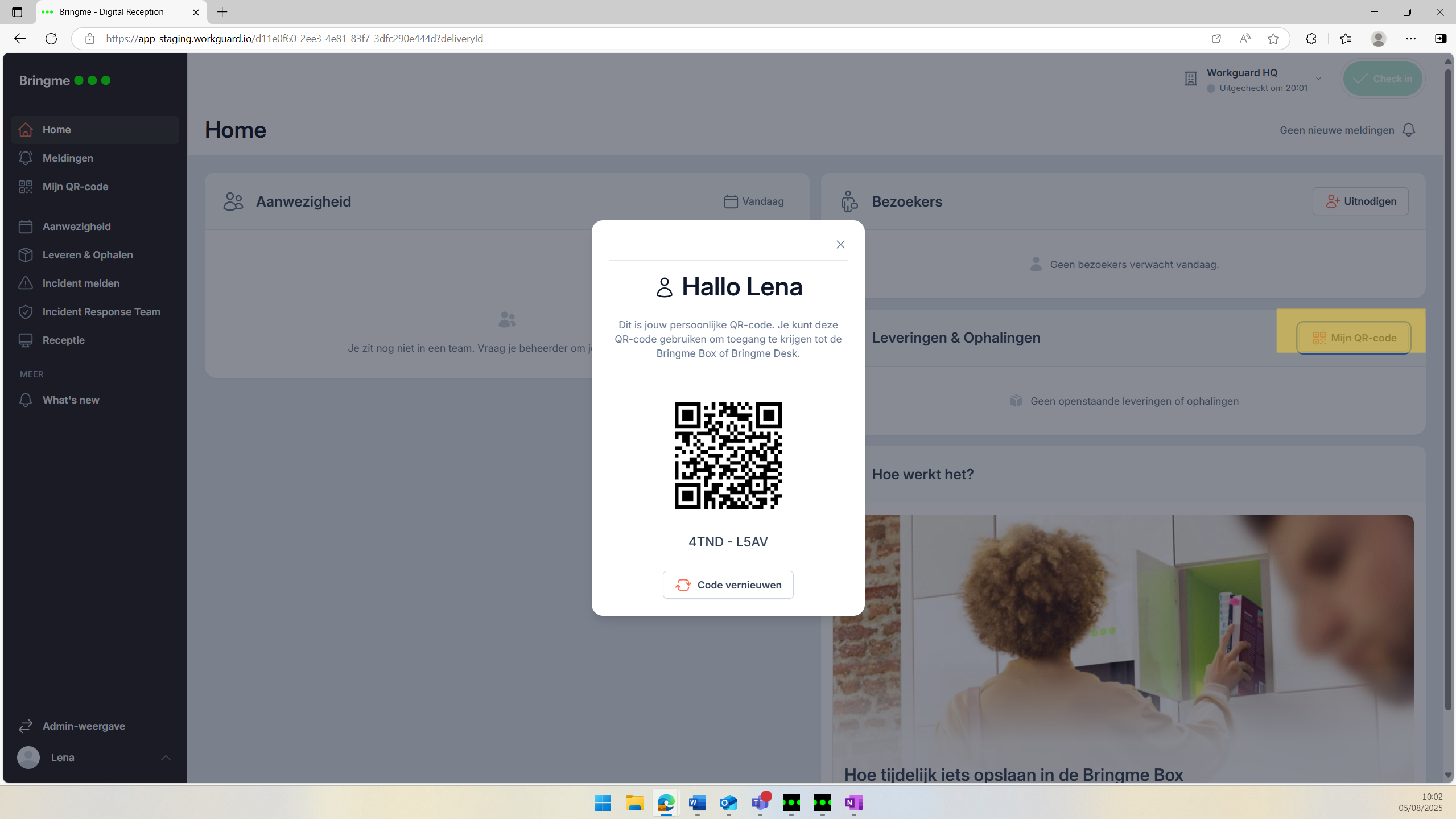 Startscherm van de webversie van de Bringme App
