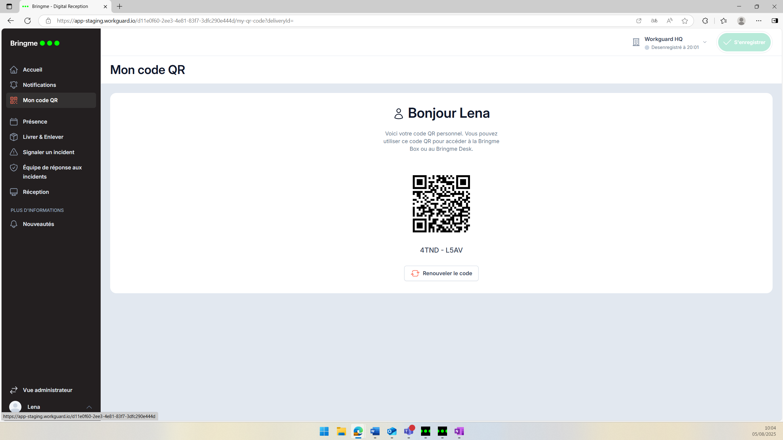 Le QR code dans la version web de la Bringme App